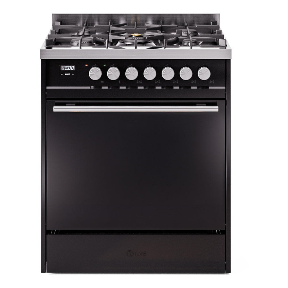 Ilve UP30QMPBK Professional Plus Ii 30 Inch Dual Fuel Natural Gas Freestanding Range In Black With Trim