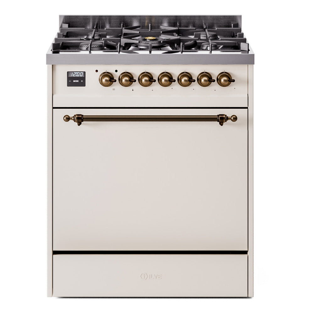 Ilve UP30QNMPAWB Nostalgie Ii 30 Inch Dual Fuel Natural Gas Freestanding Range In Antique White With Bronze Trim