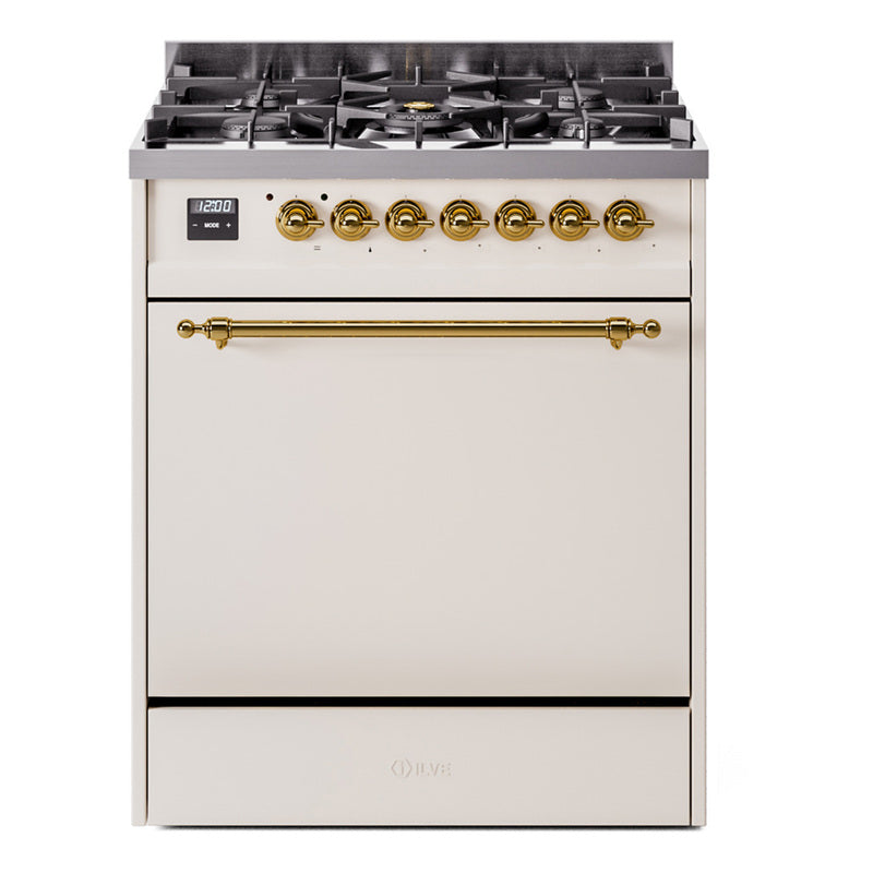 Ilve UP30QNMPAWG Nostalgie Ii 30 Inch Dual Fuel Natural Gas Freestanding Range In Antique White With Brass Trim