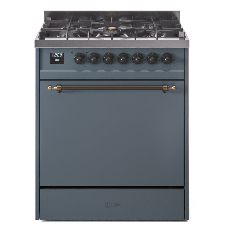 Ilve UP30QNMPBGBLP Nostalgie Ii 30 Inch Dual Fuel Liquid Propane Freestanding Range In Blue Grey With Bronze Trim