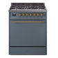 Ilve UP30QNMPBGG Nostalgie Ii 30 Inch Dual Fuel Natural Gas Freestanding Range In Blue Grey With Brass Trim