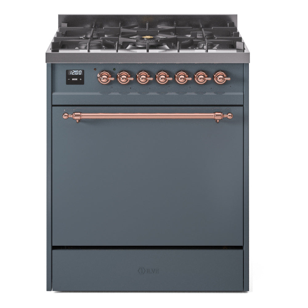 Ilve UP30QNMPBGPLP Nostalgie Ii 30 Inch Dual Fuel Liquid Propane Freestanding Range In Blue Grey With Copper Trim