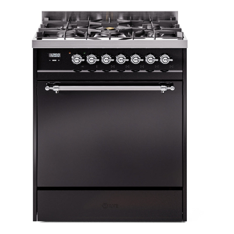 Ilve UP30QNMPBKCLP Nostalgie Ii 30 Inch Dual Fuel Liquid Propane Freestanding Range In Black With Chrome Trim