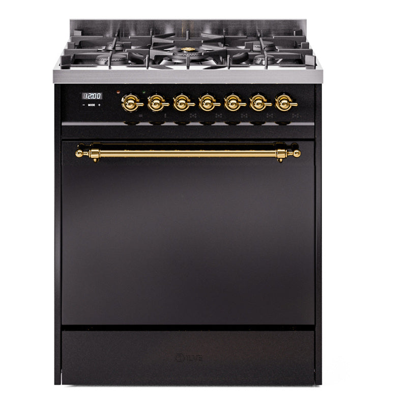 Ilve UP30QNMPBKG Nostalgie Ii 30 Inch Dual Fuel Natural Gas Freestanding Range In Black With Brass Trim