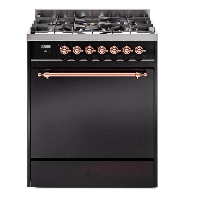 Ilve UP30QNMPBKPLP Nostalgie Ii 30 Inch Dual Fuel Liquid Propane Freestanding Range In Black With Copper Trim