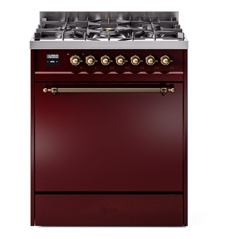 Ilve UP30QNMPBUB Nostalgie Ii 30 Inch Dual Fuel Natural Gas Freestanding Range In Burgundy With Bronze Trim