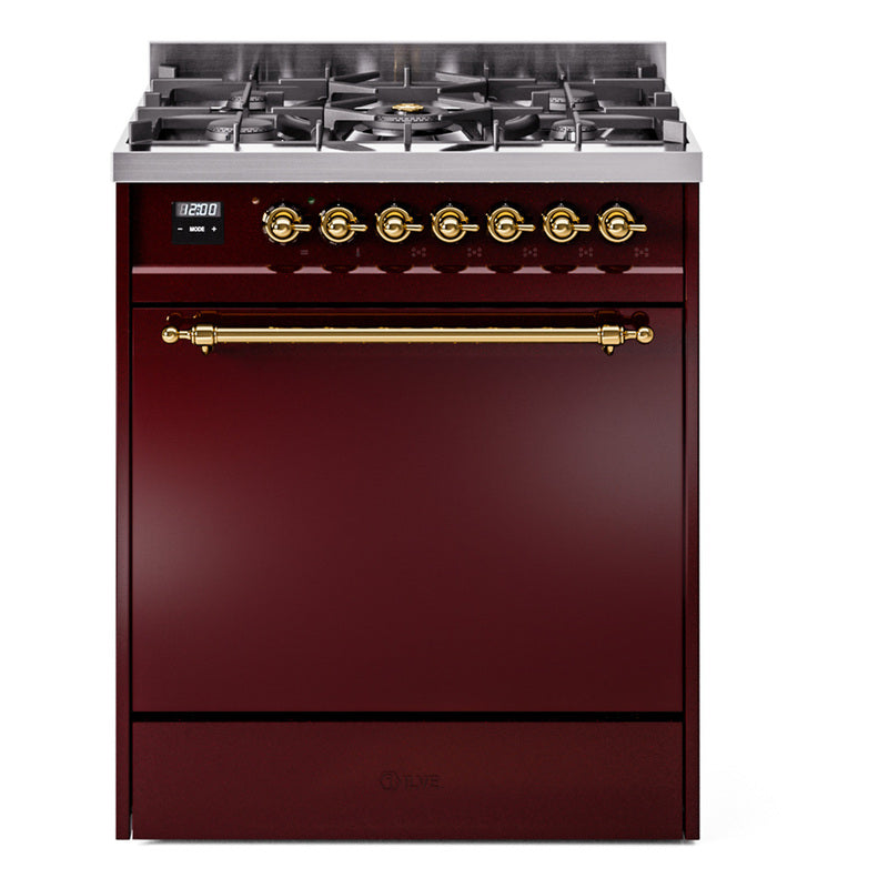 Ilve UP30QNMPBUGLP Nostalgie Ii 30 Inch Dual Fuel Liquid Propane Freestanding Range In Burgundy With Brass Trim