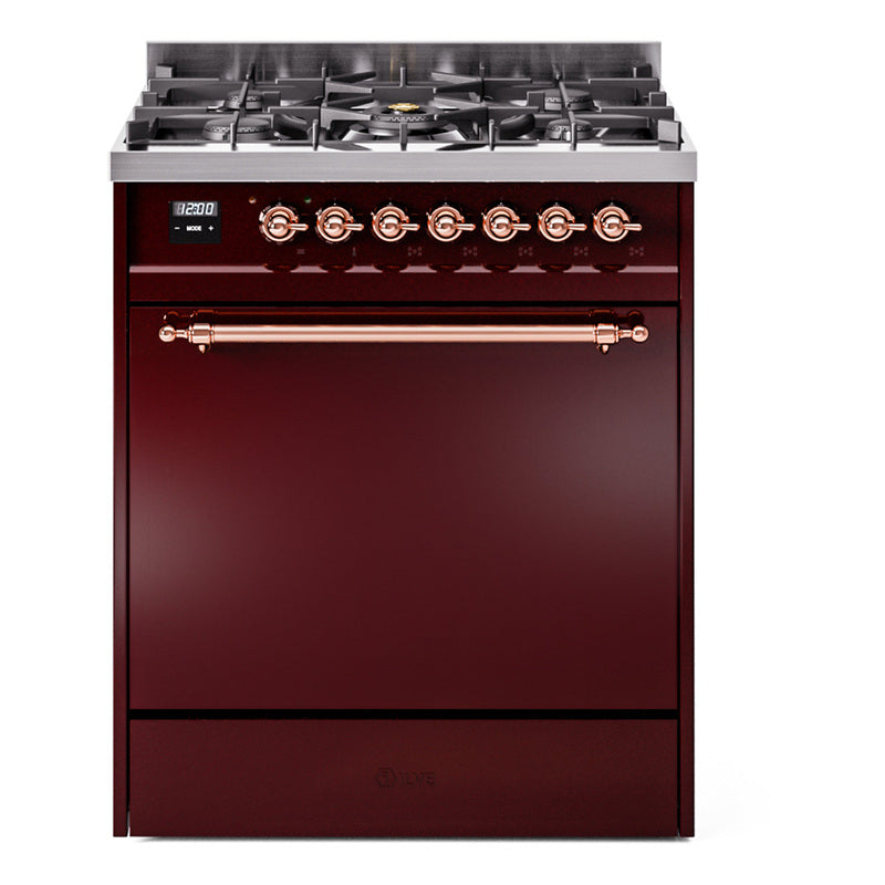 Ilve UP30QNMPBUPLP Nostalgie Ii 30 Inch Dual Fuel Liquid Propane Freestanding Range In Burgundy With Copper Trim