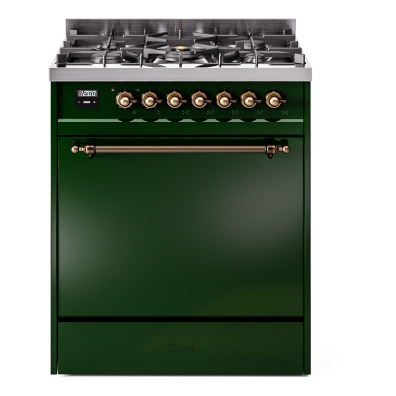 Ilve UP30QNMPEGBLP Nostalgie Ii 30 Inch Dual Fuel Liquid Propane Freestanding Range In Emerald Green With Bronze Trim