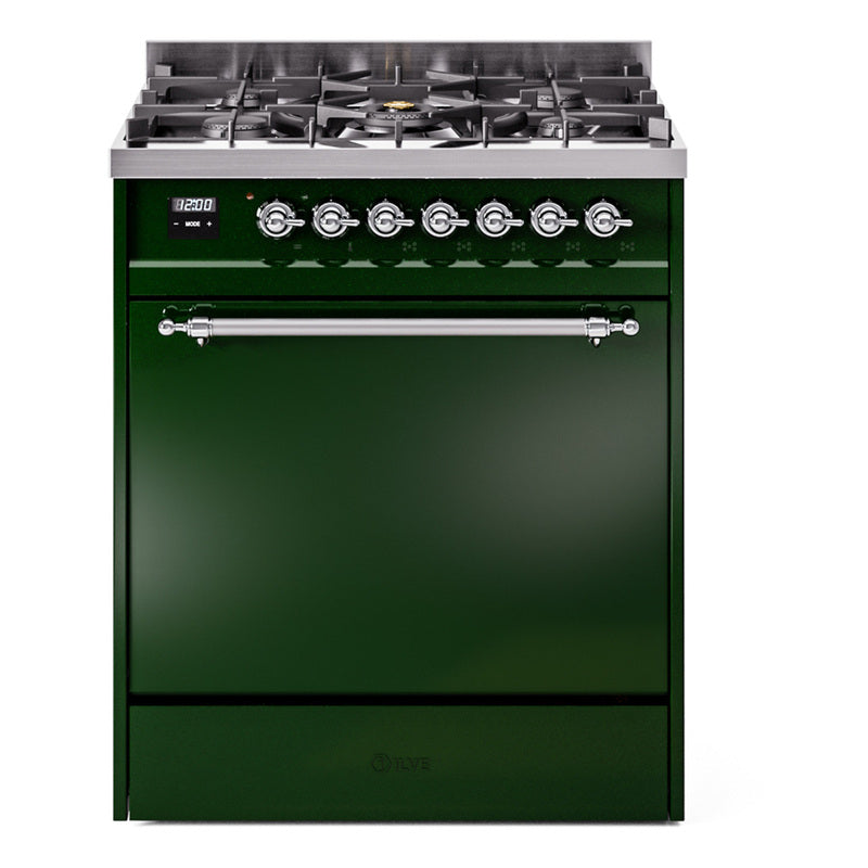 Ilve UP30QNMPEGC Nostalgie Ii 30 Inch Dual Fuel Natural Gas Freestanding Range In Emerald Green With Chrome Trim