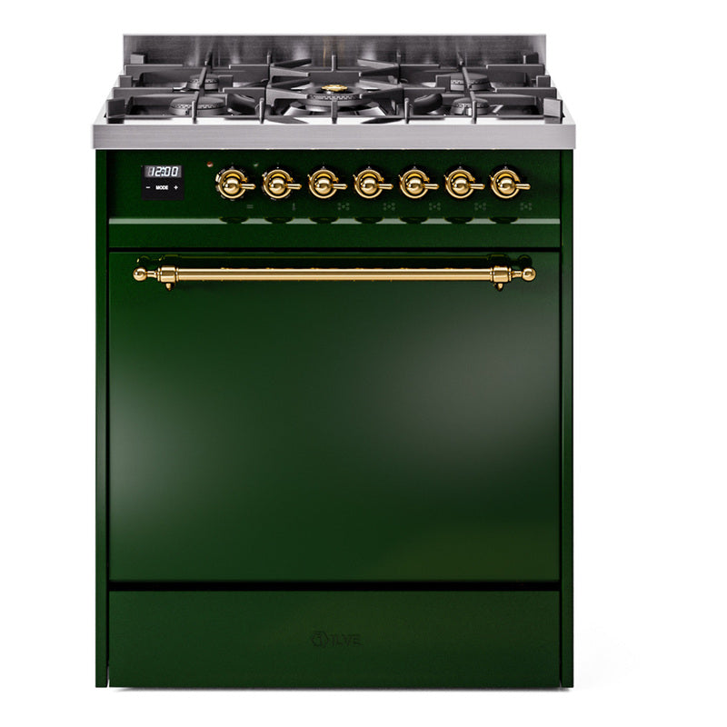 Ilve UP30QNMPEGG Nostalgie Ii 30 Inch Dual Fuel Natural Gas Freestanding Range In Emerald Green With Brass Trim