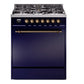 Ilve UP30QNMPMBBLP Nostalgie Ii 30 Inch Dual Fuel Liquid Propane Freestanding Range In Blue With Bronze Trim