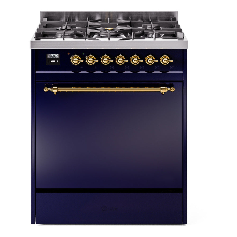 Ilve UP30QNMPMBGLP Nostalgie Ii 30 Inch Dual Fuel Liquid Propane Freestanding Range In Blue With Brass Trim