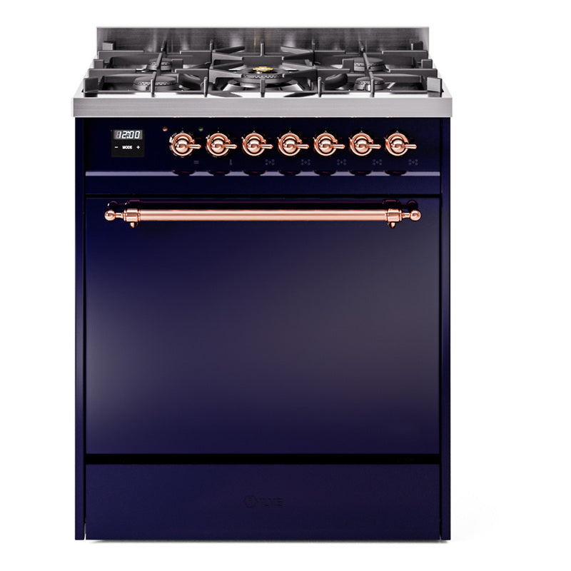 Ilve UP30QNMPMBP Nostalgie Ii 30 Inch Dual Fuel Natural Gas Freestanding Range In Blue With Copper Trim