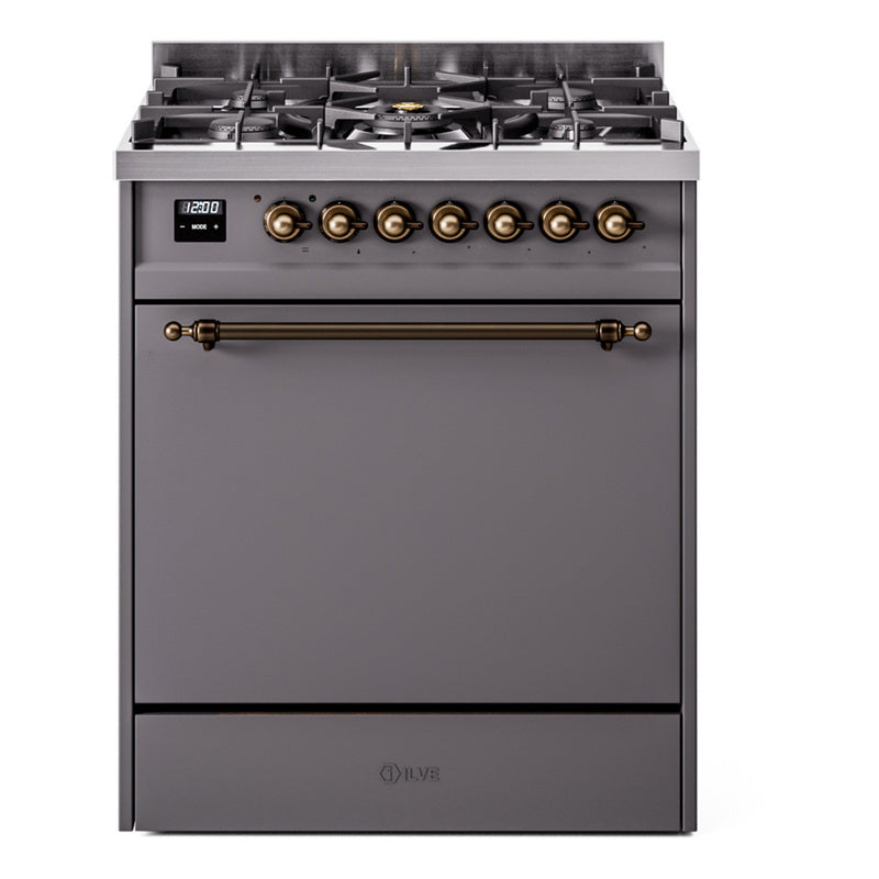 Ilve UP30QNMPMGBLP Nostalgie Ii 30 Inch Dual Fuel Liquid Propane Freestanding Range In Matte Graphite With Bronze Trim