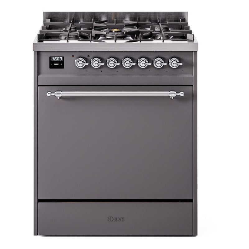 Ilve UP30QNMPMGC Nostalgie Ii 30 Inch Dual Fuel Natural Gas Freestanding Range In Matte Graphite With Chrome Trim