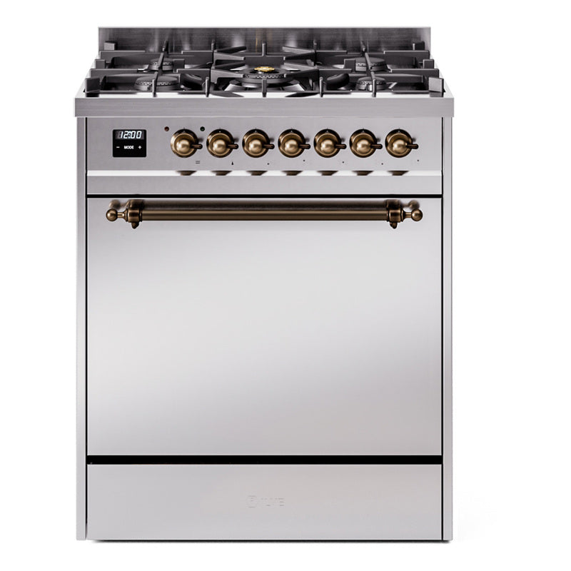 Ilve UP30QNMPSSB Nostalgie Ii 30 Inch Dual Fuel Natural Gas Freestanding Range In Stainless Steel With Bronze Trim