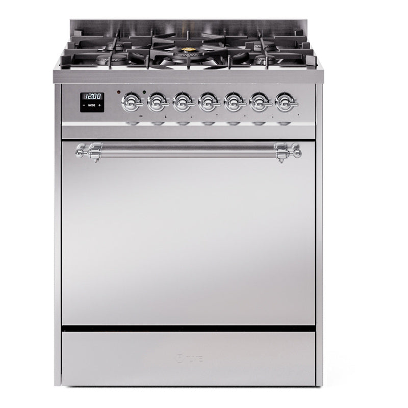 Ilve UP30QNMPSSC Nostalgie Ii 30 Inch Dual Fuel Natural Gas Freestanding Range In Stainless Steel With Chrome Trim