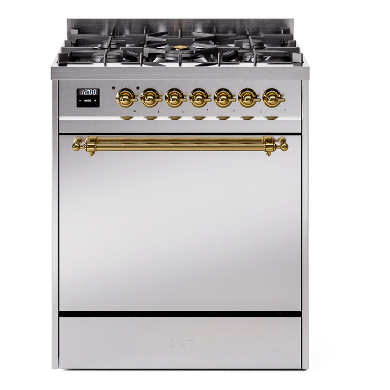 Ilve UP30QNMPSSG Nostalgie Ii 30 Inch Dual Fuel Natural Gas Freestanding Range In Stainless Steel With Brass Trim