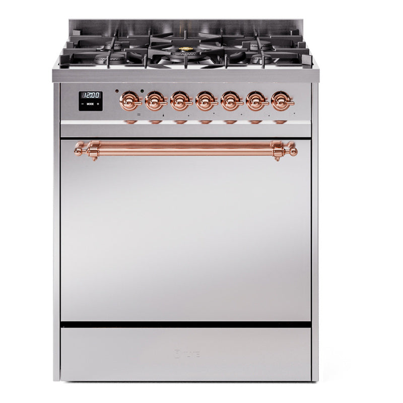 Ilve UP30QNMPSSPLP Nostalgie Ii 30 Inch Dual Fuel Liquid Propane Freestanding Range In Stainless Steel With Copper Trim