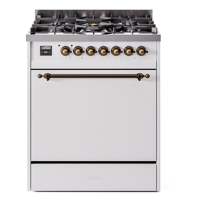 Ilve UP30QNMPWHB Nostalgie Ii 30 Inch Dual Fuel Natural Gas Freestanding Range In White With Bronze Trim