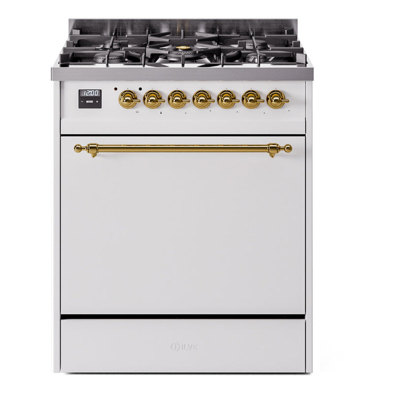 Ilve UP30QNMPWHG Nostalgie Ii 30 Inch Dual Fuel Natural Gas Freestanding Range In White With Brass Trim