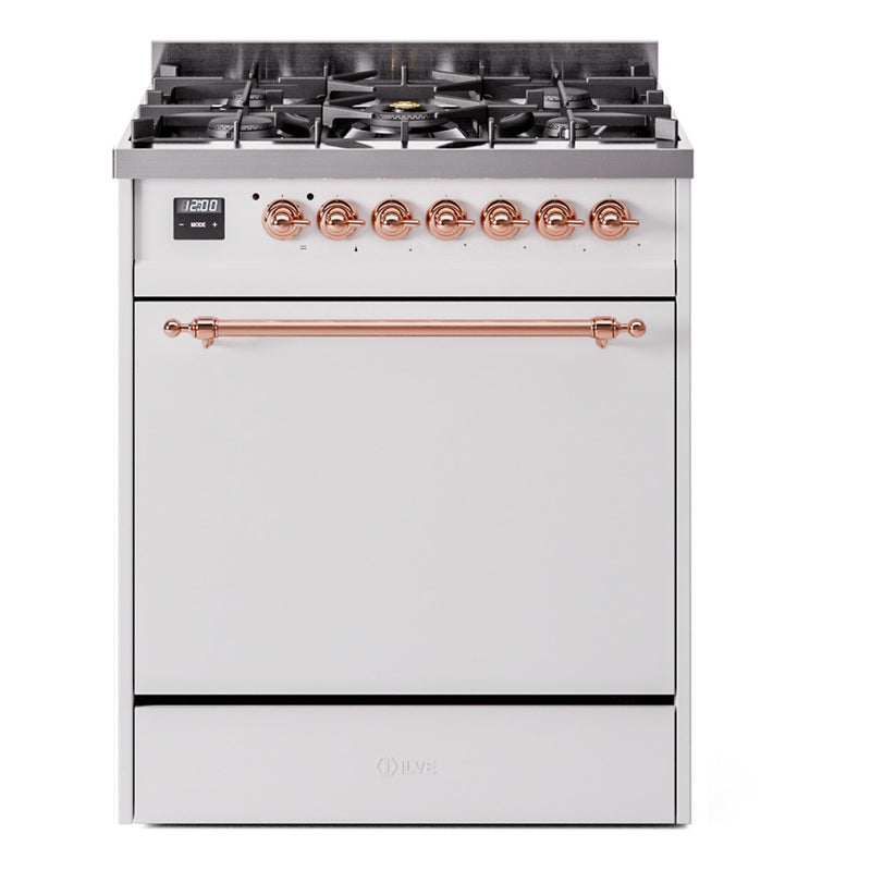 Ilve UP30QNMPWHPLP Nostalgie Ii 30 Inch Dual Fuel Liquid Propane Freestanding Range In White With Copper Trim