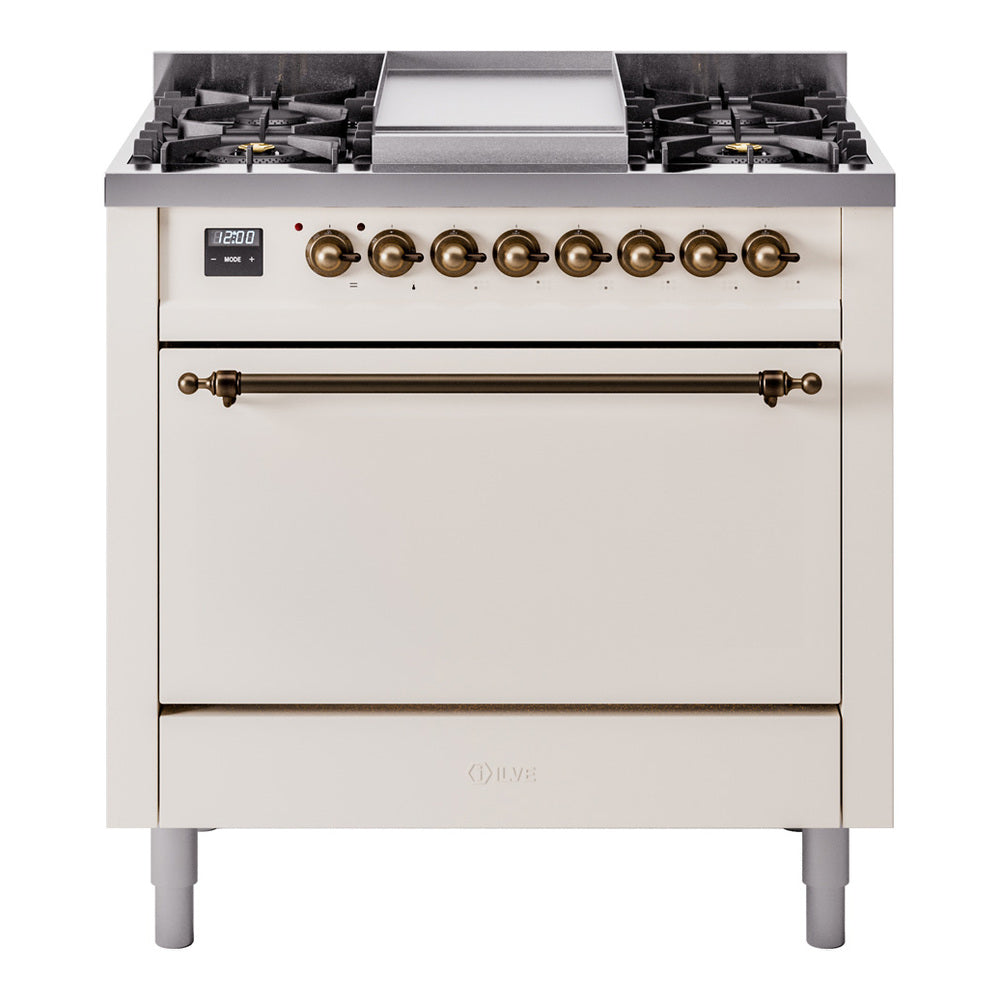 Ilve UP36FQNMPAWBLP Nostalgie Ii 36 Inch Dual Fuel Liquid Propane Freestanding Range In Antique White With Bronze Trim