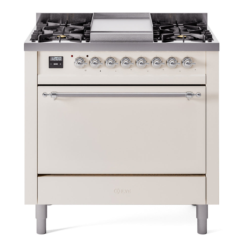 Ilve UP36FQNMPAWCLP Nostalgie Ii 36 Inch Dual Fuel Liquid Propane Freestanding Range In Antique White With Chrome Trim