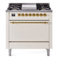 Ilve UP36FQNMPAWGLP Nostalgie Ii 36 Inch Dual Fuel Liquid Propane Freestanding Range In Antique White With Brass Trim