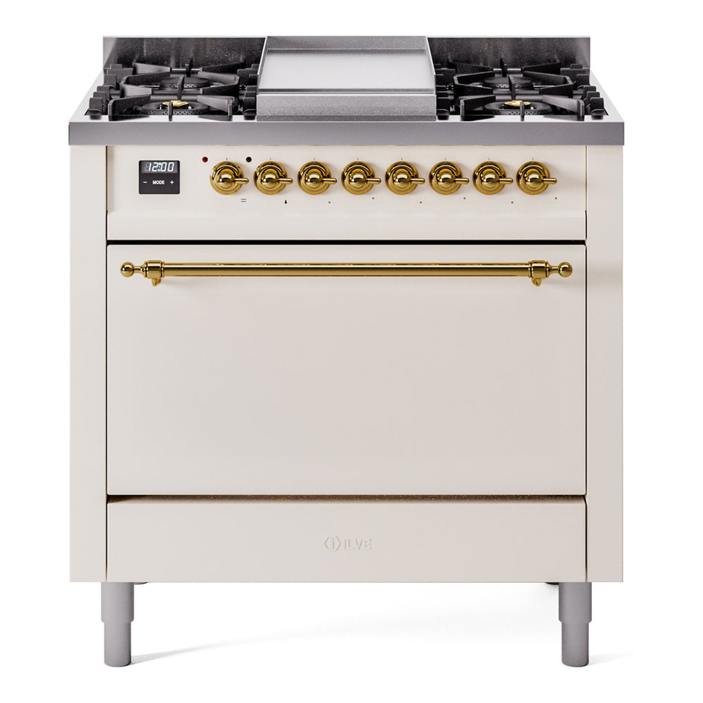 Ilve UP36FQNMPAWGLP Nostalgie Ii 36 Inch Dual Fuel Liquid Propane Freestanding Range In Antique White With Brass Trim