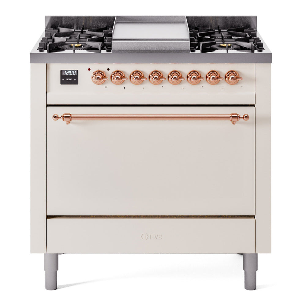 Ilve UP36FQNMPAWPLP Nostalgie Ii 36 Inch Dual Fuel Liquid Propane Freestanding Range In Antique White With Copper Trim