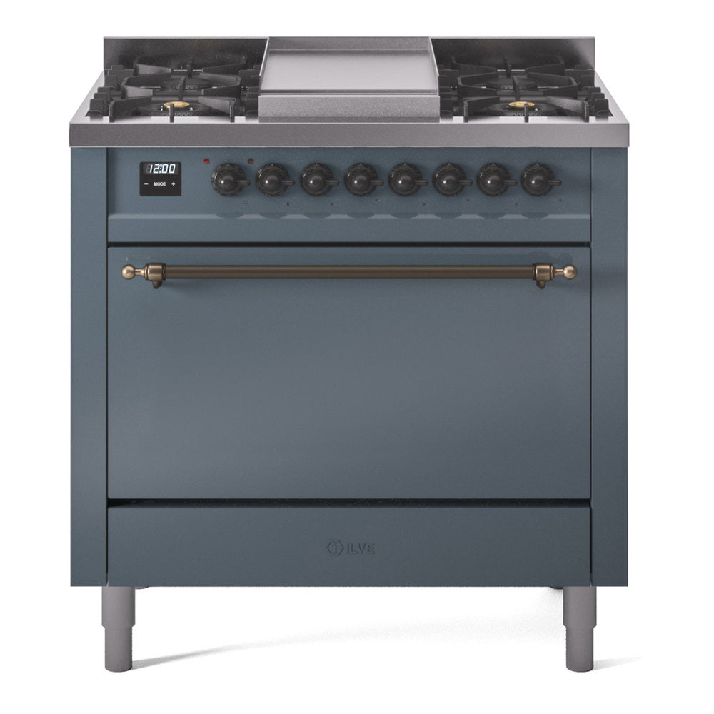 Ilve UP36FQNMPBGBLP Nostalgie Ii 36 Inch Dual Fuel Liquid Propane Freestanding Range In Blue Grey With Bronze Trim