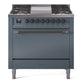 Ilve UP36FQNMPBGBLP Nostalgie Ii 36 Inch Dual Fuel Liquid Propane Freestanding Range In Blue Grey With Bronze Trim