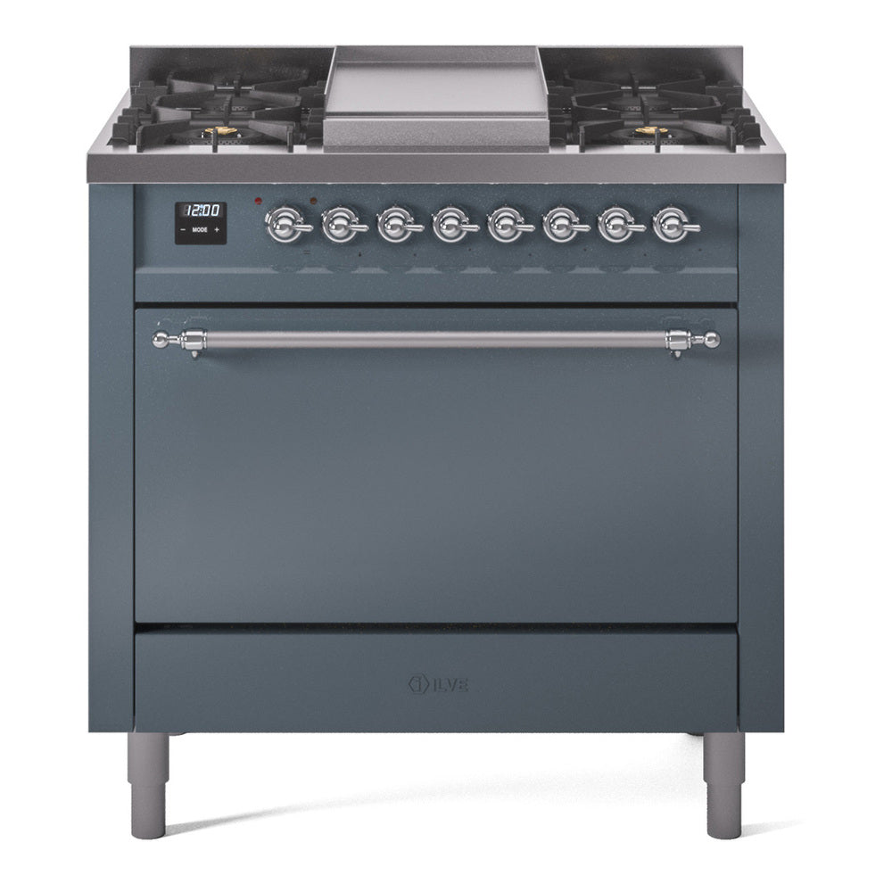 Ilve UP36FQNMPBGCLP Nostalgie Ii 36 Inch Dual Fuel Liquid Propane Freestanding Range In Blue Grey With Chrome Trim