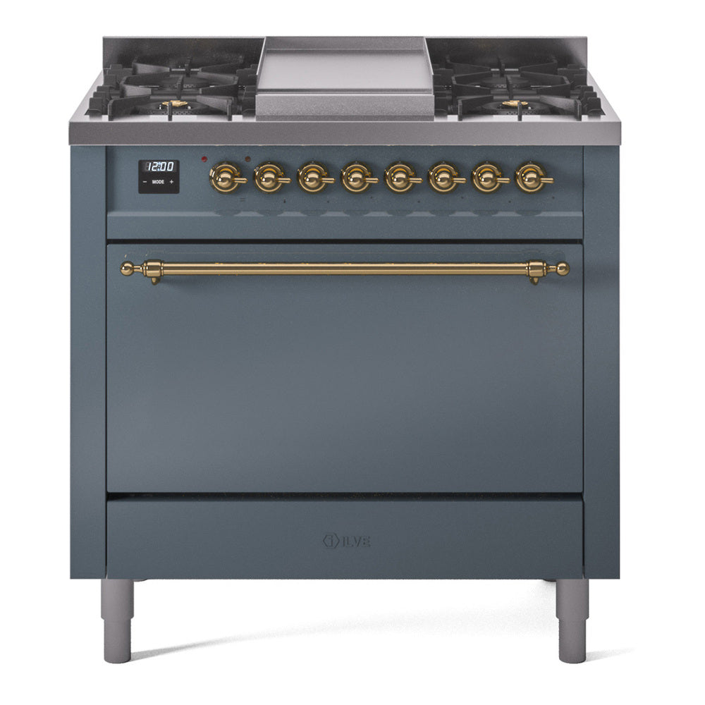 Ilve UP36FQNMPBGGLP Nostalgie Ii 36 Inch Dual Fuel Liquid Propane Freestanding Range In Blue Grey With Brass Trim