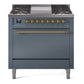 Ilve UP36FQNMPBGGLP Nostalgie Ii 36 Inch Dual Fuel Liquid Propane Freestanding Range In Blue Grey With Brass Trim