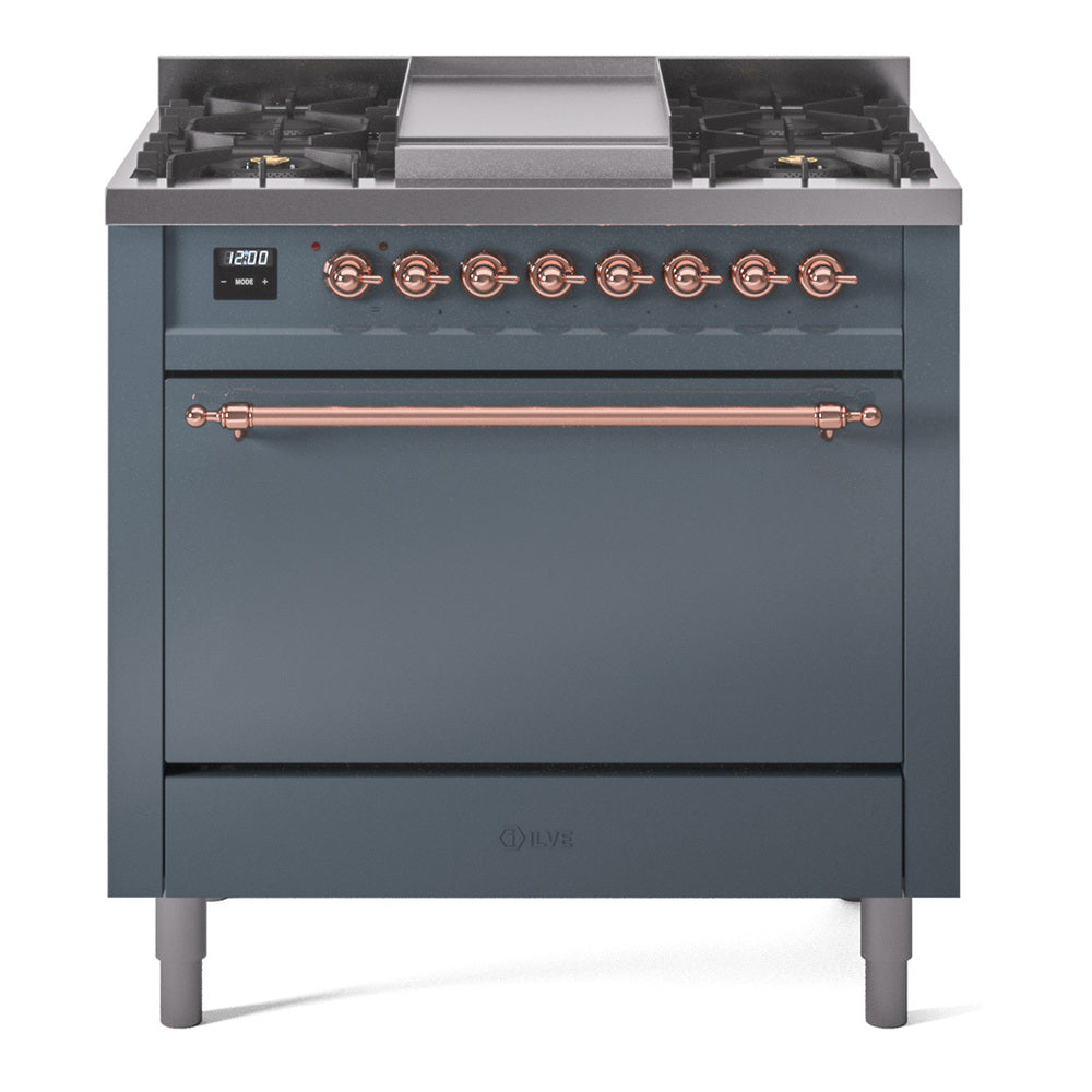 Ilve UP36FQNMPBGPLP Nostalgie Ii 36 Inch Dual Fuel Liquid Propane Freestanding Range In Blue Grey With Copper Trim