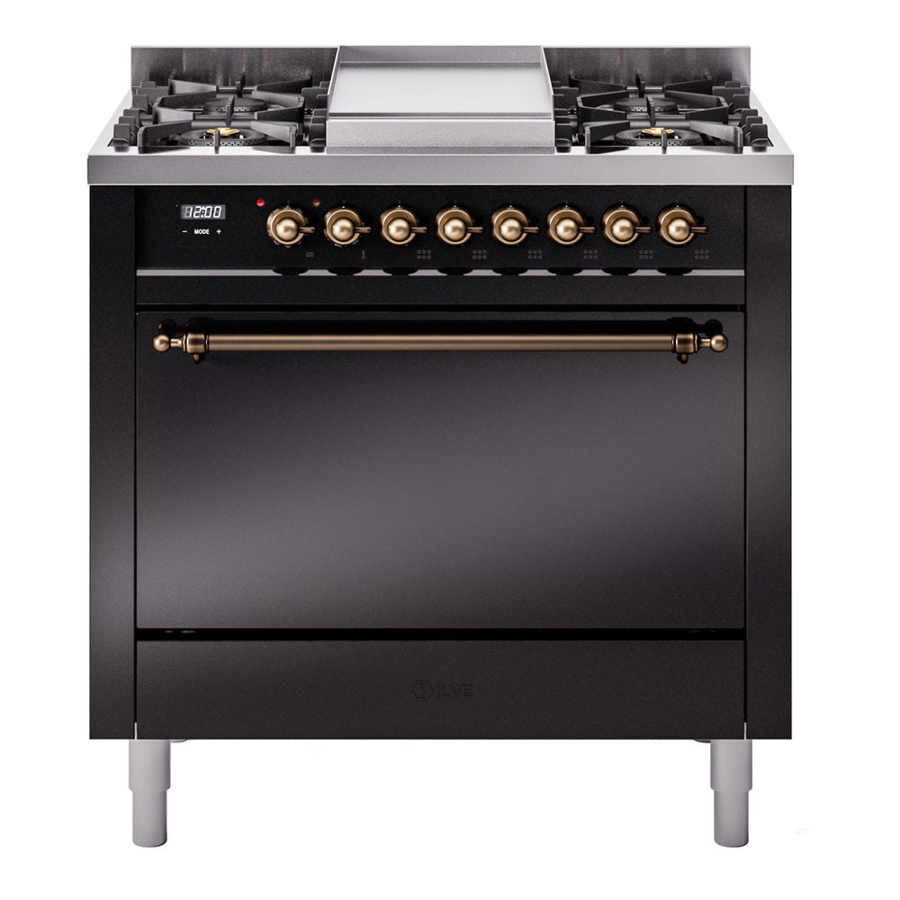 Ilve UP36FQNMPBKBLP Nostalgie Ii 36 Inch Dual Fuel Liquid Propane Freestanding Range In Black With Bronze Trim