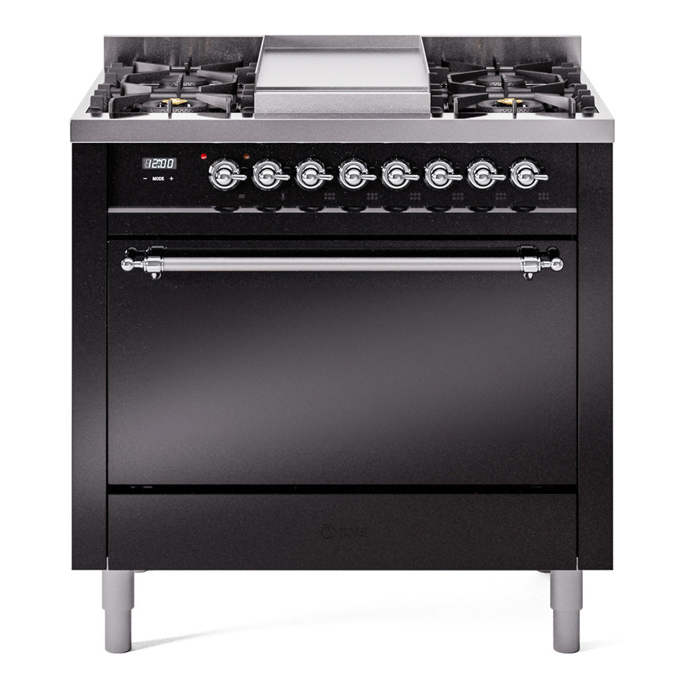 Ilve UP36FQNMPBKCLP Nostalgie Ii 36 Inch Dual Fuel Liquid Propane Freestanding Range In Black With Chrome Trim