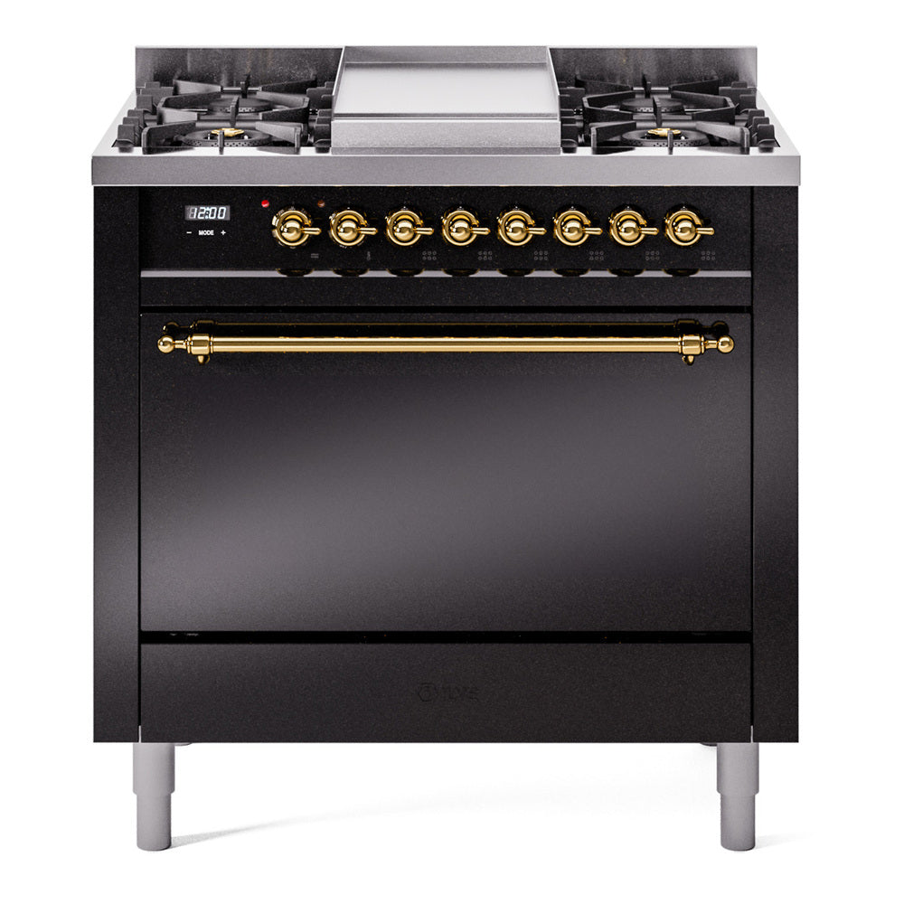 Ilve UP36FQNMPBKGLP Nostalgie Ii 36 Inch Dual Fuel Liquid Propane Freestanding Range In Black With Brass Trim