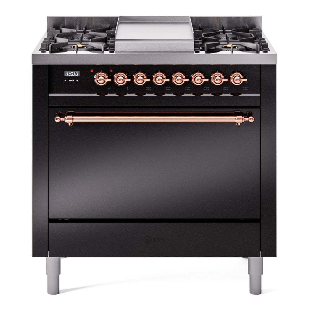 Ilve UP36FQNMPBKPLP Nostalgie Ii 36 Inch Dual Fuel Liquid Propane Freestanding Range In Black With Copper Trim