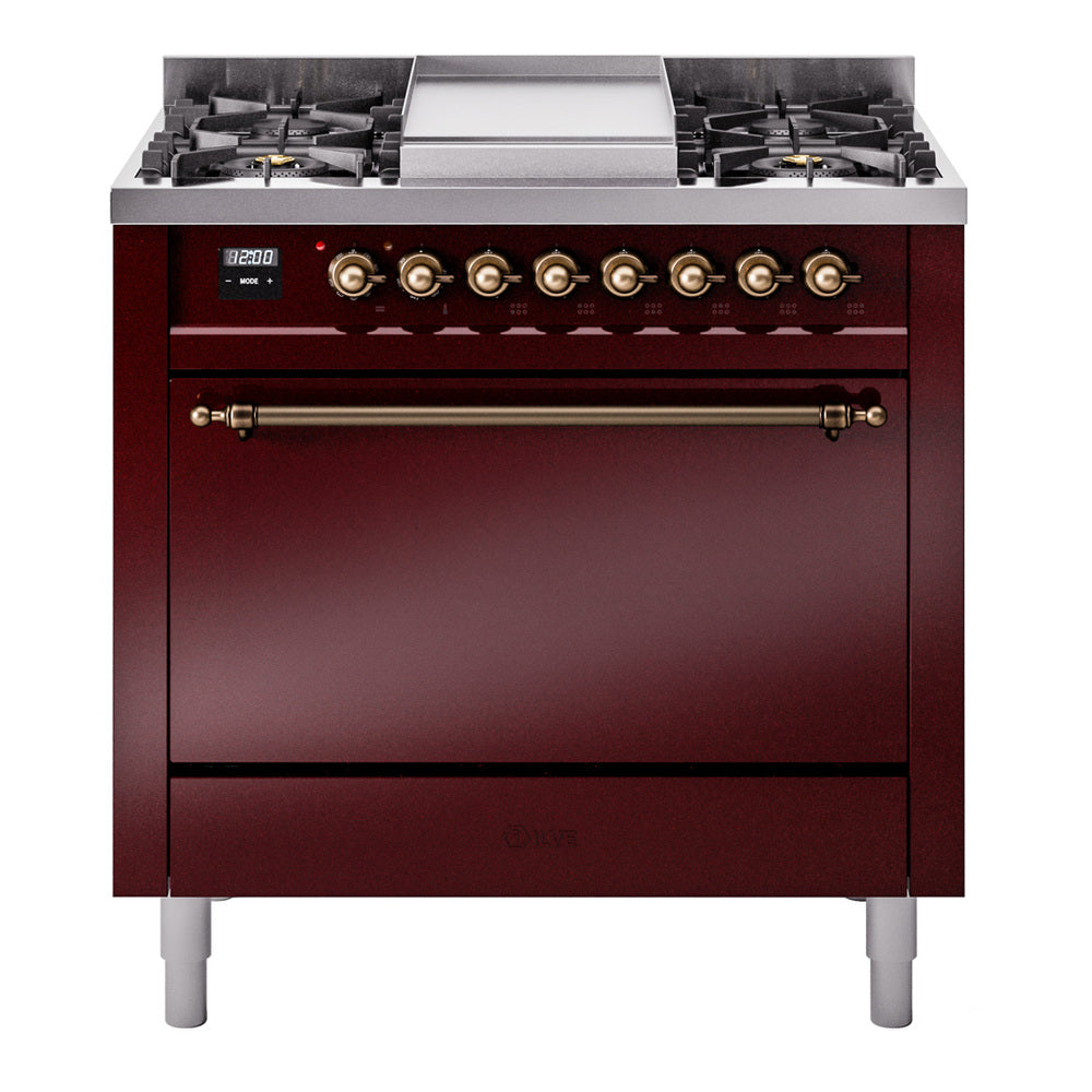 Ilve UP36FQNMPBUB Nostalgie Ii 36 Inch Dual Fuel Natural Gas Freestanding Range In Burgundy With Bronze Trim