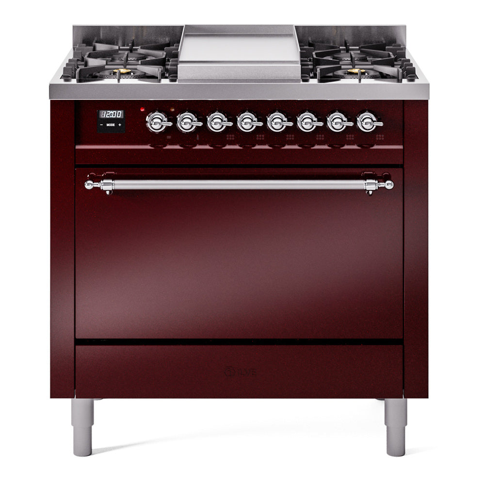 Ilve UP36FQNMPBUC Nostalgie Ii 36 Inch Dual Fuel Natural Gas Freestanding Range In Burgundy With Chrome Trim