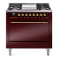 Ilve UP36FQNMPBUG Nostalgie Ii 36 Inch Dual Fuel Natural Gas Freestanding Range In Burgundy With Brass Trim