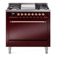 Ilve UP36FQNMPBUP Nostalgie Ii 36 Inch Dual Fuel Natural Gas Freestanding Range In Burgundy With Copper Trim