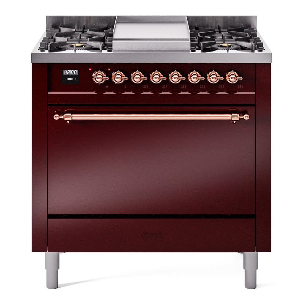 Ilve UP36FQNMPBUP Nostalgie Ii 36 Inch Dual Fuel Natural Gas Freestanding Range In Burgundy With Copper Trim