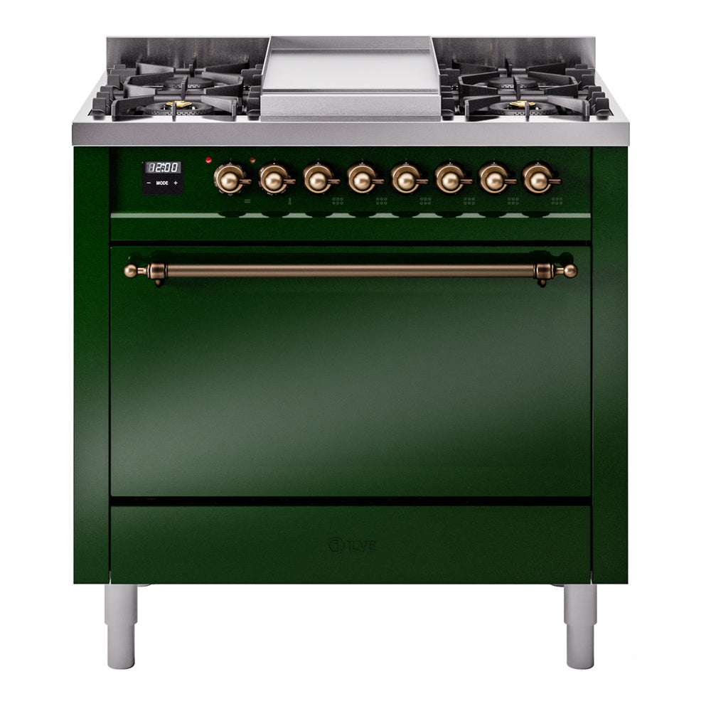 Ilve UP36FQNMPEGBLP Nostalgie Ii 36 Inch Dual Fuel Liquid Propane Freestanding Range In Emerald Green With Bronze Trim