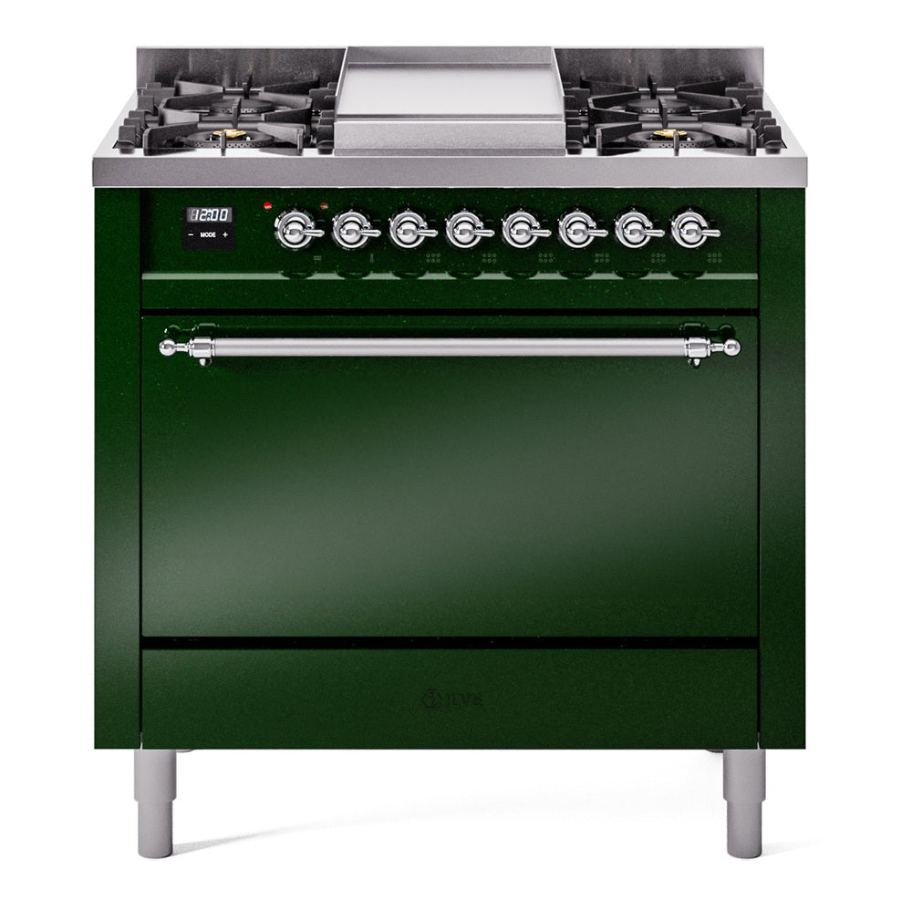 Ilve UP36FQNMPEGC Nostalgie Ii 36 Inch Dual Fuel Natural Gas Freestanding Range In Emerald Green With Chrome Trim