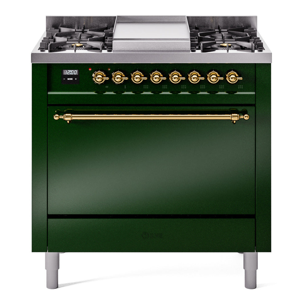 Ilve UP36FQNMPEGGLP Nostalgie Ii 36 Inch Dual Fuel Liquid Propane Freestanding Range In Emerald Green With Brass Trim